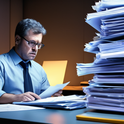 **

"A logistics manager overwhelmed by customs paperwork, documents stacked high, illuminated by the glow of a computer screen displaying NACCS software. Emphasize frustration and the need for digital solutions like RPA. Style: realistic, slightly desaturated colors."

**