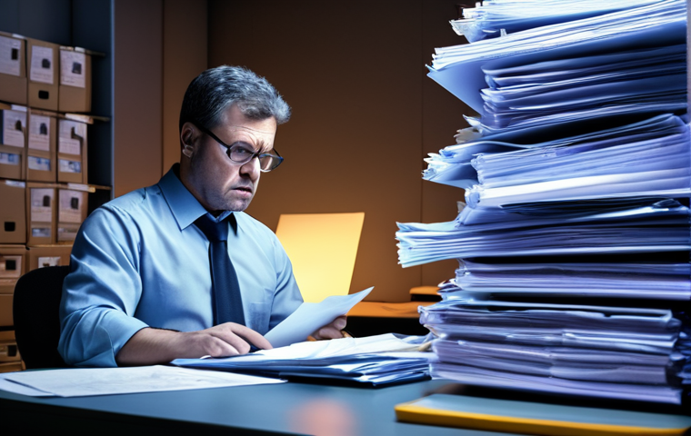 **

"A logistics manager overwhelmed by customs paperwork, documents stacked high, illuminated by the glow of a computer screen displaying NACCS software. Emphasize frustration and the need for digital solutions like RPA. Style: realistic, slightly desaturated colors."

**