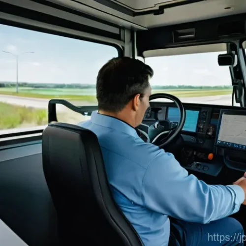 물류관리사 물류 관련 스타트업 트렌드 - **Prompt:** A male truck driver, in his late 30s, is comfortably seated in the modern cabin of his s...