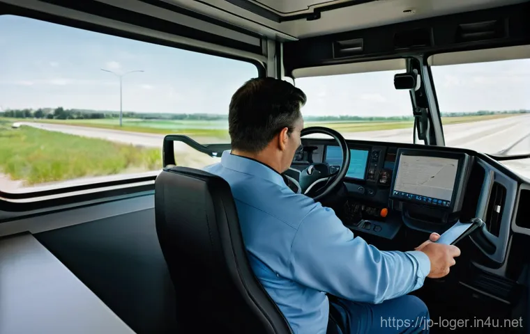 물류관리사 물류 관련 스타트업 트렌드 - **Prompt:** A male truck driver, in his late 30s, is comfortably seated in the modern cabin of his s...