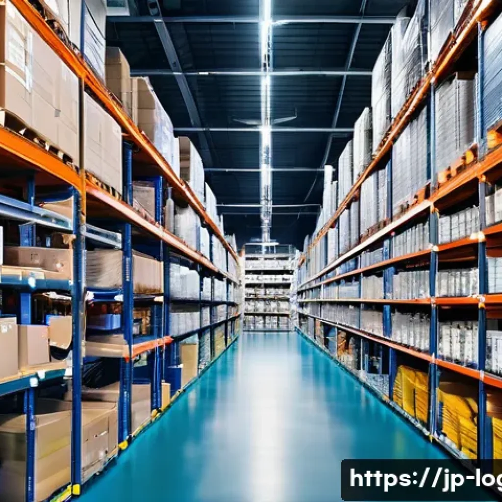 물류관리사 물류관리 이론 정리 - A modern Japanese warehouse interior with optimized layout, featuring neatly organized shelves label...