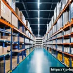 물류관리사 물류관리 이론 정리 - A modern Japanese warehouse interior with optimized layout, featuring neatly organized shelves label...