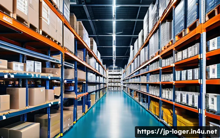 물류관리사 물류관리 이론 정리 - A modern Japanese warehouse interior with optimized layout, featuring neatly organized shelves label...