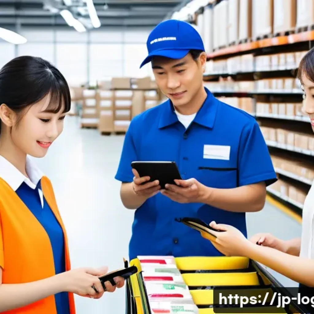 물류관리사 물류센터 실무 경험 - A modern Japanese logistics center interior scene showing diverse staff members including part-timer...
