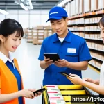물류관리사 물류센터 실무 경험 - A modern Japanese logistics center interior scene showing diverse staff members including part-timer...