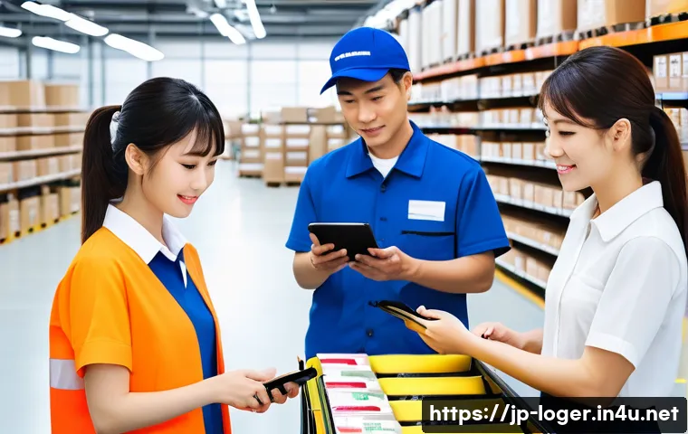 물류관리사 물류센터 실무 경험 - A modern Japanese logistics center interior scene showing diverse staff members including part-timer...
