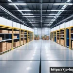 물류관리사와 신기술 도입 효과 - A modern logistics warehouse interior with advanced AI and IoT technology visibly integrated: worker...