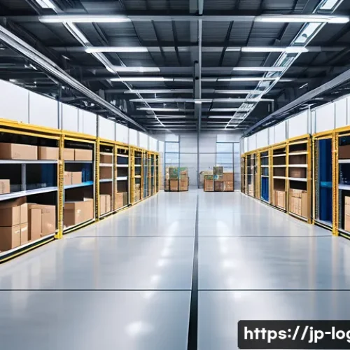 물류관리사와 신기술 도입 효과 - A modern logistics warehouse interior with advanced AI and IoT technology visibly integrated: worker...
