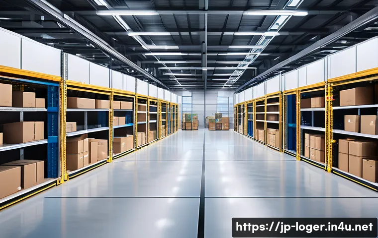 물류관리사와 신기술 도입 효과 - A modern logistics warehouse interior with advanced AI and IoT technology visibly integrated: worker...