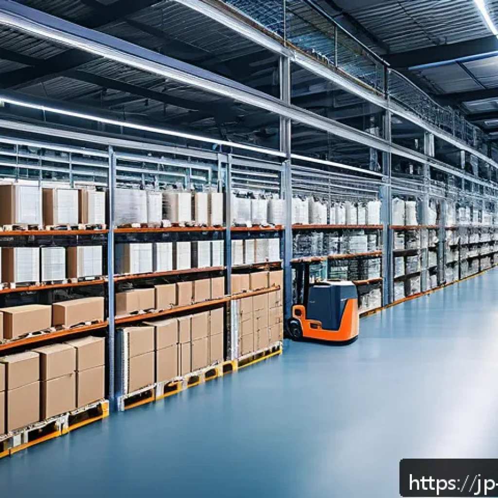 물류관리사와 AI 물류 사례 - A modern Japanese warehouse interior bustling with AI-powered robots and human workers wearing casua...