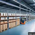 물류관리사와 AI 물류 사례 - A modern Japanese warehouse interior bustling with AI-powered robots and human workers wearing casua...