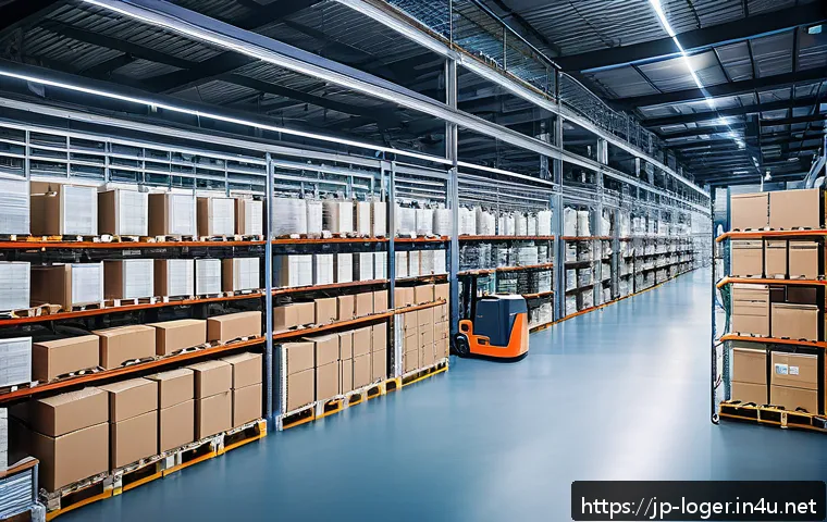 물류관리사와 AI 물류 사례 - A modern Japanese warehouse interior bustling with AI-powered robots and human workers wearing casua...