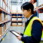 물류관리사 자격증과 관련된 필수 기술 - Photorealistic Japanese logistics coordinator in a modern distribution center, wearing a neat safety...