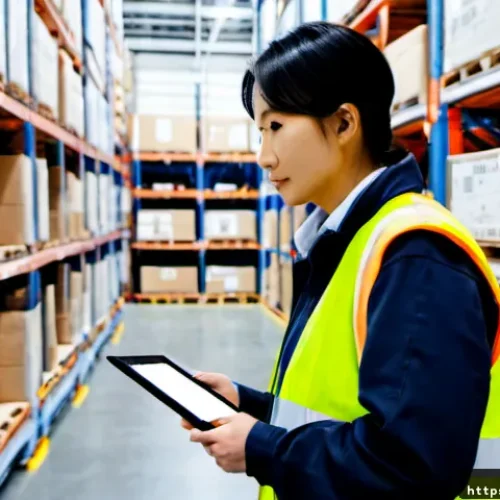물류관리사 자격증과 관련된 필수 기술 - Photorealistic Japanese logistics coordinator in a modern distribution center, wearing a neat safety...