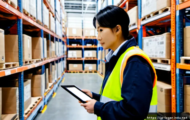 물류관리사 자격증과 관련된 필수 기술 - Photorealistic Japanese logistics coordinator in a modern distribution center, wearing a neat safety...