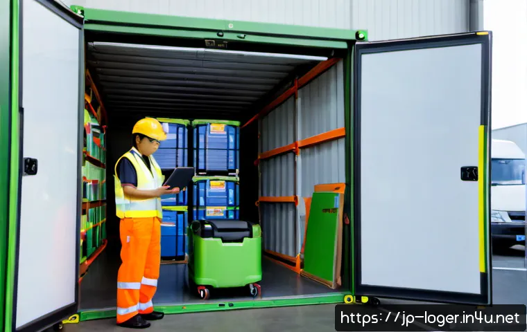 물류관리사와 탄소 배출 절감 - Photorealistic Japanese logistics manager in a modern warehouse, studying a tablet with blank interf...