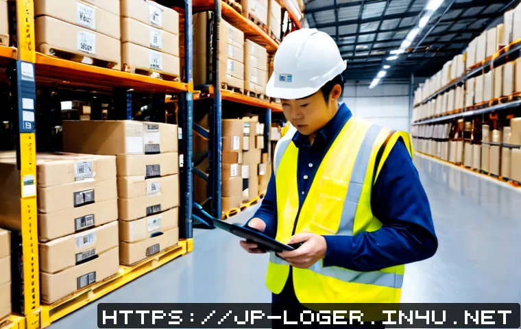 물류관리사 물류창고 운영 방법 - Photorealistic modern logistics warehouse interior in Japan, a professional warehouse manager in cle...
