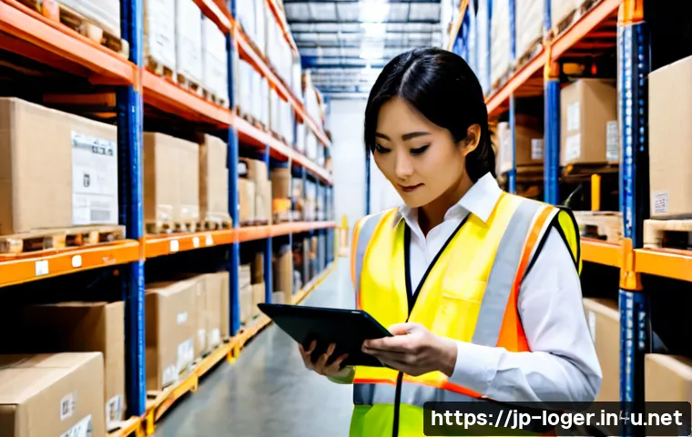물류관리사 물류 효율화 성공 사례 - Photorealistic Japanese logistics distribution center success scene, experienced logistics manager i...